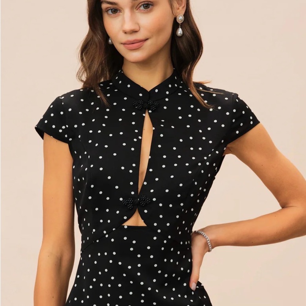 Polka Dot Cap-Sleeve Midi Dress - Black - Picture 5 of 6